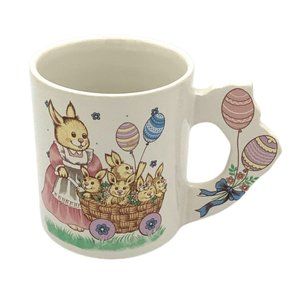 Vintage Easter Bunny Momma With Babies In Basket Mug 3D Balloon Handle Pastels